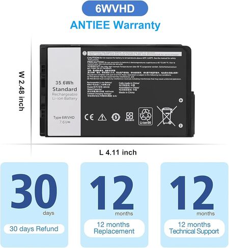 6WVHD 35.6Wh Laptop Battery Replacement for DELL Latitude 7230 Rugged Extreme Tablet T06H T06H001 Series FNW8F 0VDDJY VDDJY 0JM6CX JM6CX 451-BDDY 7.6V 4457mAh in Saudi Arabia