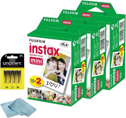 فيلم Fujifilm Instax Mini الفوري، 60 لقطة (10 ورقات × 6) - التقط الذكريات في أي وقت وفي أي مكان + قطعة قماش تنظيف ممتازة من BluebirdSales و8 بطاريات AA in Saudi Arabia