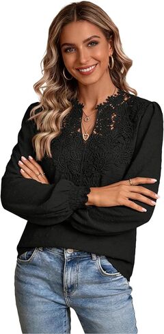 Women's V-Neck Flowing lace Fashion Solid Color Long-Sleeved Casual Trendy top in Kuwait