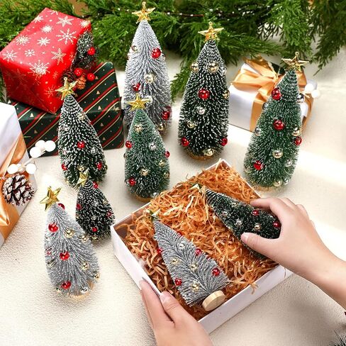 9 Pack Pink Christmas Bottle Brush Trees, Artificial Mini Christmas Tree Decorated Ornaments Small Pink Sisal Tree with Wood Base for Xmas Winter Snow Miniature Tabletop Home Decoration in Saudi Arabia