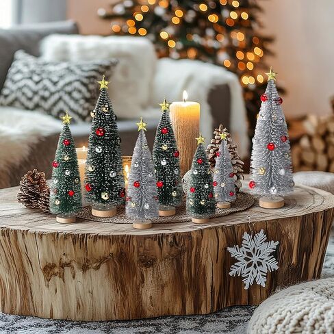 9 Pack Pink Christmas Bottle Brush Trees, Artificial Mini Christmas Tree Decorated Ornaments Small Pink Sisal Tree with Wood Base for Xmas Winter Snow Miniature Tabletop Home Decoration in Saudi Arabia