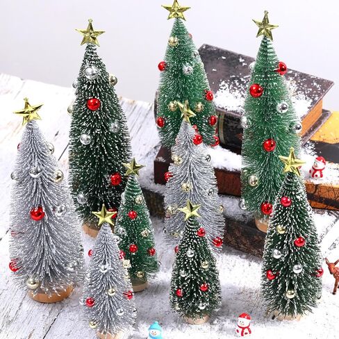 9 Pack Pink Christmas Bottle Brush Trees, Artificial Mini Christmas Tree Decorated Ornaments Small Pink Sisal Tree with Wood Base for Xmas Winter Snow Miniature Tabletop Home Decoration in Saudi Arabia