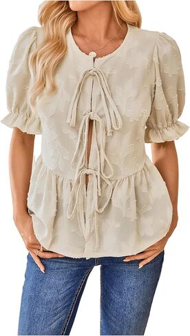 SweatyRocks Women's Bow Tie Front Blouses Ruffle Half Sleeve V Neck Textured Peplum Tops in Saudi Arabia