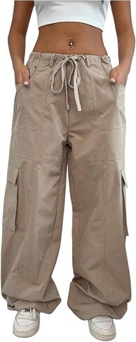OYOANGLE Women's Low Waist Cargo Pants Wide Leg Y2K Parachute Trousers with Pockets in Saudi Arabia