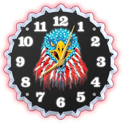 Neoflarea Neon Wall Clock 12 Inch, with American Flag & a Bald Eagle Soaring with Wings Spread Graphics, Non Ticking Clocks, for Living Room/Bedroom/Office/Garage/Bar/Game Room Decor in Saudi Arabia
