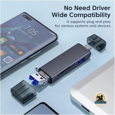 MERAXES 6-in-1 SD Card Reader, USB-C High-Speed 5Gbps OTG Adapter with SD/TF/Micro SD Slots, Multi-Card Reader Compatible with MacBook, iPad, iPhone, Android & PC in Saudi Arabia