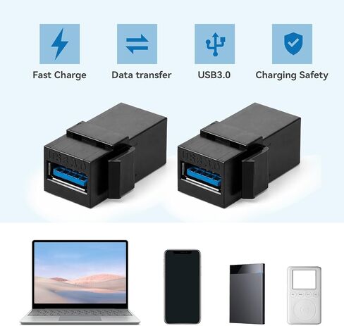5 قطع USB Keystone Jack Insert، أسود Usb3.0 أنثى إلى أنثى USB محول Usb3.0 كيستون أنثى مقرنة إدراج موصل إضافي للوحة محول منفذ شاحن الحائط in Saudi Arabia
