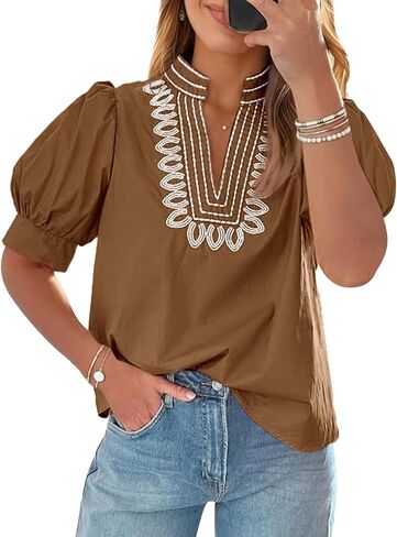 Cicy Bell Womens Puff Short Sleeve Blouses Summer Casual Dressy Embroidered V Neck Tops Loose Fit Tee Shirts in Saudi Arabia