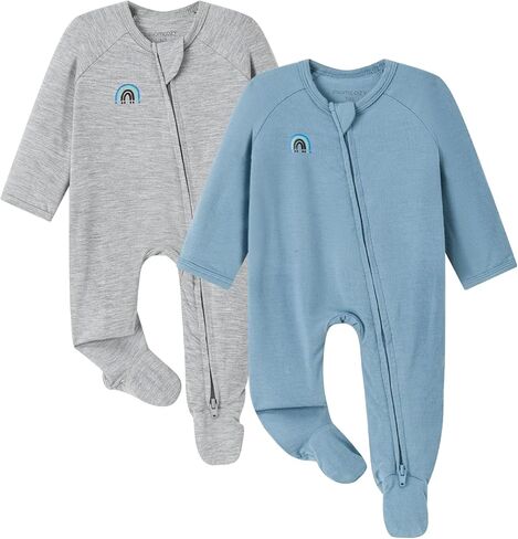 Momcozy Unisex Baby Pajamas, Baby-Temp Monitoring Double Zipper Boy Girl Sleepers Rompers Footie, 2 Pack Light Weight Stretchy Viscose Derived from Bamboo Baby Jammies, Newborn, Blue Grey in Saudi Arabia
