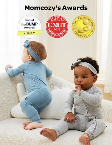 Momcozy Unisex Baby Pajamas, Baby-Temp Monitoring Double Zipper Boy Girl Sleepers Rompers Footie, 2 Pack Light Weight Stretchy Viscose Derived from Bamboo Baby Jammies, Newborn, Blue Grey in Saudi Arabia