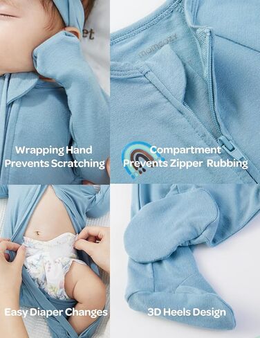 Momcozy Unisex Baby Pajamas, Baby-Temp Monitoring Double Zipper Boy Girl Sleepers Rompers Footie, 2 Pack Light Weight Stretchy Viscose Derived from Bamboo Baby Jammies, Newborn, Blue Grey in Saudi Arabia