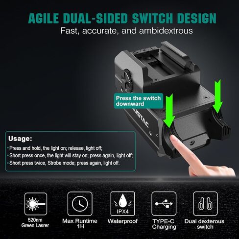 PL20 Compact 1200 Lumens Tactical Weapon Light with Green Beam and White LED Combo, Rechargeable USB Rail Mount Flashlight Compatible with GL/1913 Picatinny for Pistols Handguns Rifles in Kuwait