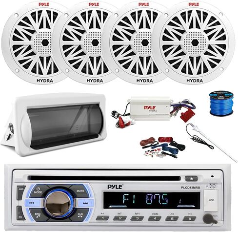 Pyle PLCD43MRB Marine Single DIN Bluetooth CD Stereo Receiver, Slide-Up Cover, Bluetooth Amplifier w/Kit, 4X 6.5 200 Watt Peak Full Range 2-Way Waterproof Speakers w/Wire, Long Range Radio Antenna in Saudi Arabia
