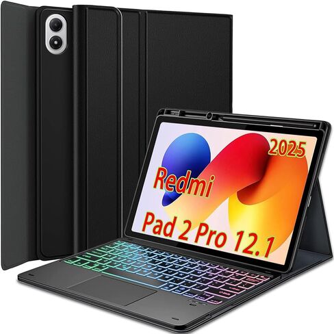Touchpad Keyboard Case for Xiaomi Redmi Pad 2 Pro 12.1 Inch 2025 Tablet, 7 Color Rainbow Backlight Detachable Bluetooth Trackpad Keyboard Folio Smart Cover with Pen Holder in Saudi Arabia