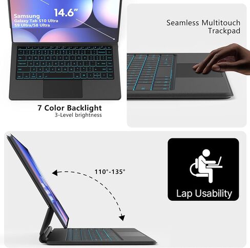 inkolelo for Samsung Galaxy Tab S10 Ultra 14.6'' Case with Keyboard, 3-Level 7 Colors Backlit, Magic-Style Cantilever Magnetic Stand, Dex Mode, Multi-Touch Trackpad for Tab S9 Ultra S8 Ultra 14.6" in Kuwait