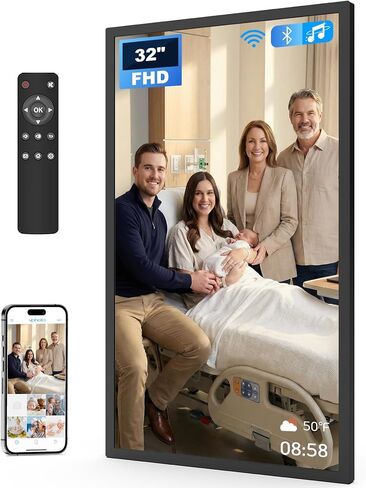 32 Inch Digital Picture Frame 64GB, Large Digital Photo Frame 1920x1080 FHD IPS, WiFi Electronic Photo Frame with Remote Control, Wall-Mountable, Share Photo/Video via Apps, Email, Black in Saudi Arabia
