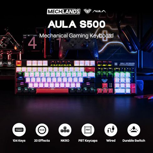 MechLands Aula S500 Wired Gaming Keyboard, 100% Full Size Mechanical Keyboard with Number Pad, 104 Keys, NKRO, RGB Backlits, Shine Through Keycaps, Ergonomic for PC E-Sports (Black&Red, Blue Switch) in Saudi Arabia