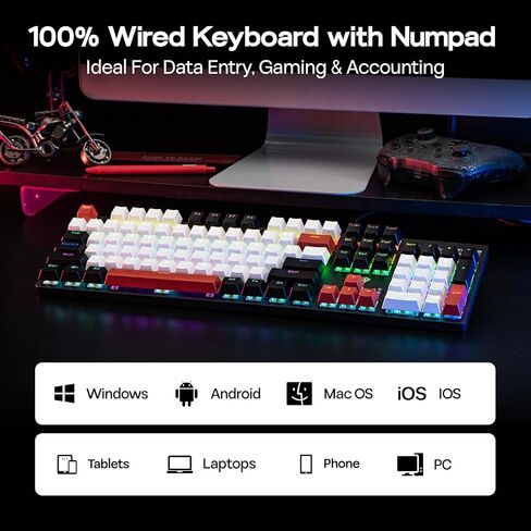MechLands Aula S500 Wired Gaming Keyboard, 100% Full Size Mechanical Keyboard with Number Pad, 104 Keys, NKRO, RGB Backlits, Shine Through Keycaps, Ergonomic for PC E-Sports (Black&Red, Blue Switch) in Saudi Arabia