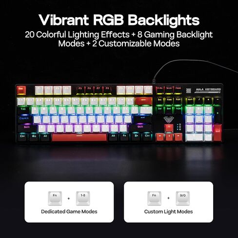 MechLands Aula S500 Wired Gaming Keyboard, 100% Full Size Mechanical Keyboard with Number Pad, 104 Keys, NKRO, RGB Backlits, Shine Through Keycaps, Ergonomic for PC E-Sports (Black&Red, Blue Switch) in Saudi Arabia