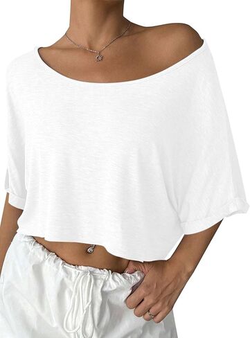 Remidoo Womens Off The Shoulder Short Sleeve Crop Top Asymmetrical Neck Loose Tshirt Black X-Large in Saudi Arabia