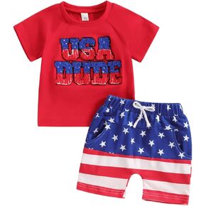 Owl's-Yard My First 4th Of July Baby Boy Girl Outfit Letter Embroidery Independence Day Set Short Sleeve Tops+Striped Shorts in Saudi Arabia