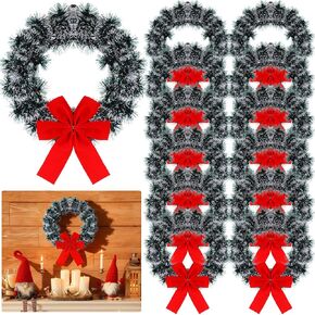 24 Pack 9.5 Inch Christmas Tinsel Wreath with Red Velvet Bow Cabinet Bows Chair Wreaths for Windows Kitchen Home Decoration Holiday Crafting in Saudi Arabia