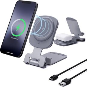 شاحن لاسلكي مغناطيسي لهاتف iPhone 16/15/14/13/12 حامل شاحن آمن PD15W USB C، شحن لاسلكي سريع مزدوج الجوانب دوار قابل للتعديل لهاتف iPhone/AirPods 2/3/Pro 2 in Kuwait