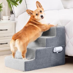 HYLEORY Dog Stairs for Bed 18''H, 4-Step Pet Stairs for Small Dogs & Cats, Sturdy Pet Steps with Non-Slip Bottom, Functional Portable Dog Ramp for Couch/Chair/Sofa/Car, with Storage Pocket, Grey in Saudi Arabia