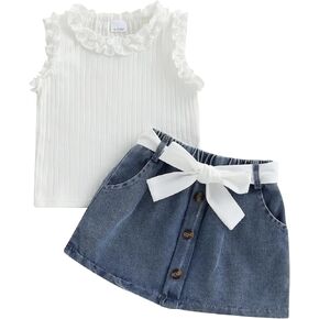 3PCS Baby Girls Ruffles Neck Ribbed Knitted Vest Sleeveless Shirt + A-line Denim Skirt + Belt Outfits Sets in Kuwait