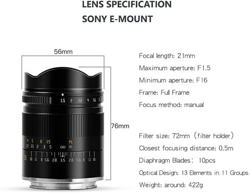 عدسة كاميرا TTArtisan 21 مم F1.5 APSH بإطار كامل بزاوية واسعة للغاية وتركيز يدوي ثابت لكاميرا Sony E Mount بدون مرآة باللون الأسود in Saudi Arabia