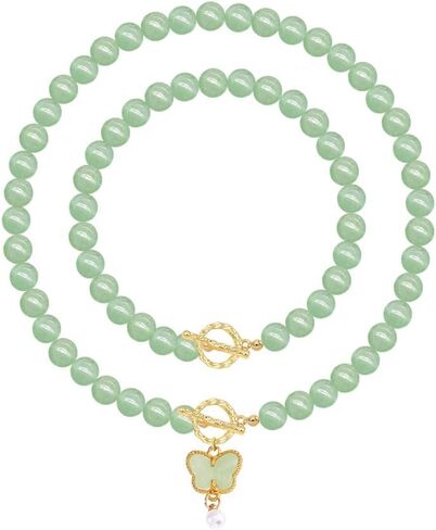 LuLiaMenton Handmade Green Jade Beaded Jewelry Set with Necklace and Bracelet Gold Toggle Clasp in Saudi Arabia