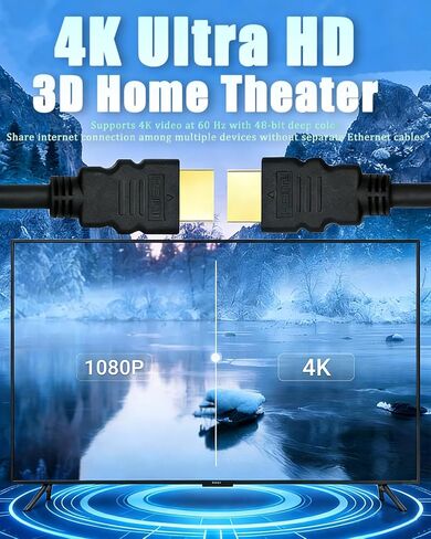 كابل HDMI عالي السرعة 4K، سلك إيثرنت أسود بطول 10 أقدام، متوافق مع التلفزيون، PS5، الكمبيوتر المحمول، العرض، جهاز العرض، الواقع الافتراضي in Kuwait