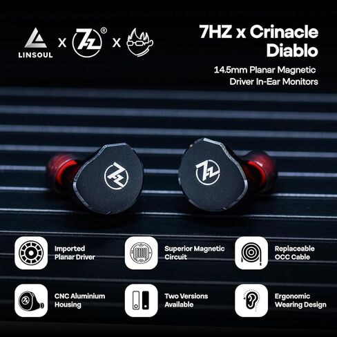 Linsoul 7Hz x Crinacle: Diablo/Divine in-Ear Monitors,14.5mm Planar Magnetic Driver IEM,HiFi Earbuds with Detachable 2 Pin Single Crystal Copper Cable,Earphone for Audiophiles(Diablo, Black) in Saudi Arabia