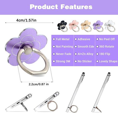 Ouligay 5PCS Flower Phone Ring Holder Grip Cute Metal Phone Ring Stand 360° Rotating and 180°Angle Adjustable Ring Holder for Phone Case Smartphones in Kuwait