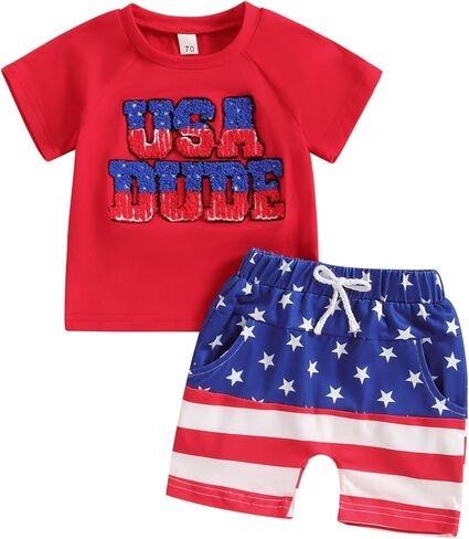 طقم ملابس Owl's-Yard My First 4th of July للأطفال الأولاد والبنات مطبوع عليه حروف يوم الاستقلال بأكمام قصيرة + شورت مخطط in Saudi Arabia