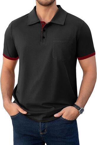 Men's Casual Polo Shirts Short Sleeve Contrast Cuff Summer Collared Buttoned Polos T-Shirt with Pocket in Saudi Arabia