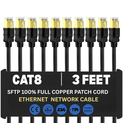 كابل إيثرنت Cat 8، كابل شبكة LAN عالي السرعة 40 جيجابت في الثانية 2000 ميجا هرتز، موصلات RJ45 مطلية بالذهب، 3FT، للاستخدام الداخلي (عبوة من 10 قطع) in Kuwait