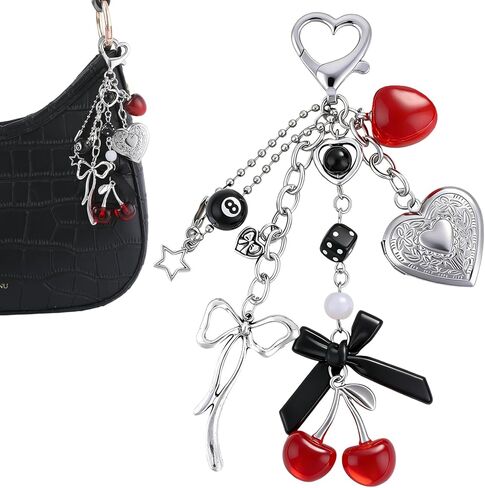 LuneClat Y2k Aesthetic Silver Keychain Charms - Bag Charm Bowknot Heart Locket Photo Key Chain Accessories for Keys Purse in Saudi Arabia
