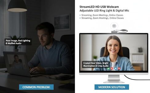 StreamLED HD USB Webcam with Adjustable LED Ring Light & Digital Mic – 720p Web Cam for Streaming, Zoom Meetings, Video Calls, Conferencing, Online Classes & Remote Work Setup in Saudi Arabia