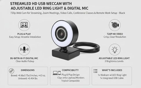 StreamLED HD USB Webcam with Adjustable LED Ring Light & Digital Mic – 720p Web Cam for Streaming, Zoom Meetings, Video Calls, Conferencing, Online Classes & Remote Work Setup in Saudi Arabia
