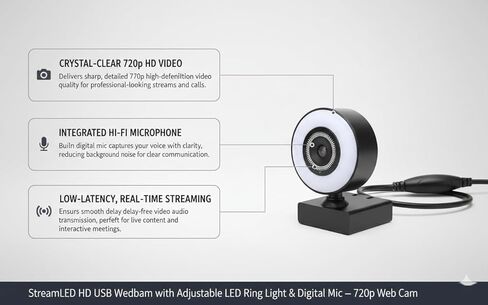 StreamLED HD USB Webcam with Adjustable LED Ring Light & Digital Mic – 720p Web Cam for Streaming, Zoom Meetings, Video Calls, Conferencing, Online Classes & Remote Work Setup in Saudi Arabia