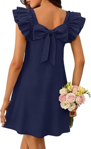 MEROKEETY Women's Summer Ruffle Sleeve Bow Mini Dress 2026 Spring Square Neck Casual Cute Shift Sundress Pockets in Saudi Arabia