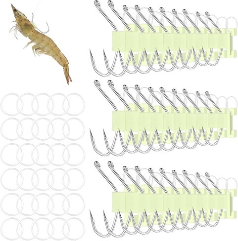 30 Pcs Luminous Live Shrimp Hooks Assortment Sizes 15-20 High Carbon Steel Barbed Corrosion Resistant Night Fishing Hooks for Saltwater Freshwater Fishing Bass, Groupers, Pike in Kuwait