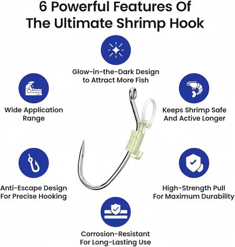 30 Pcs Luminous Live Shrimp Hooks Assortment Sizes 15-20 High Carbon Steel Barbed Corrosion Resistant Night Fishing Hooks for Saltwater Freshwater Fishing Bass, Groupers, Pike in Kuwait