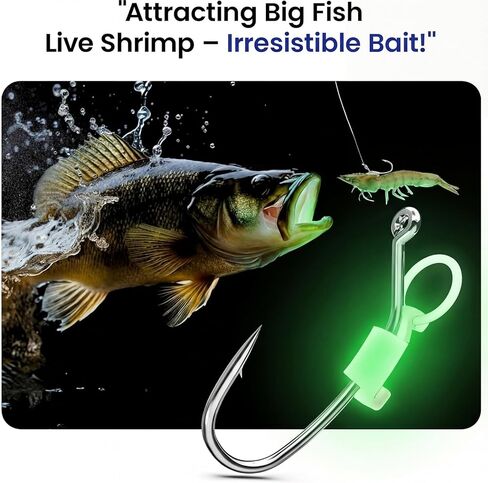 30 Pcs Luminous Live Shrimp Hooks Assortment Sizes 15-20 High Carbon Steel Barbed Corrosion Resistant Night Fishing Hooks for Saltwater Freshwater Fishing Bass, Groupers, Pike in Kuwait