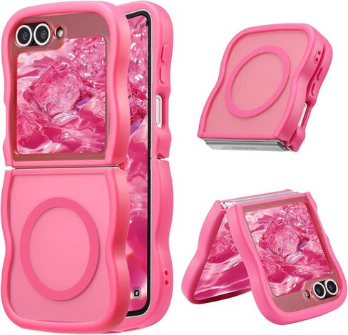 UEEBAI Magnetic for Samsung Galaxy Z Flip 5/Z Flip 6/7 FE Case, Compatible with MagSafe, Transparent Clear Wave Frame Design Soft Edge Cover Matte Shockproof Phone Case- Pink in Saudi Arabia