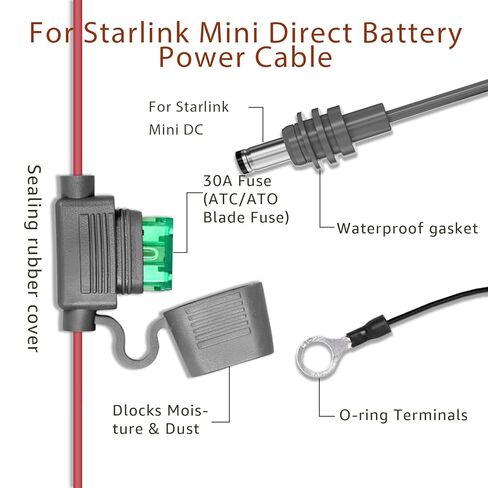 لكابل شحن Starlink Mini O-Ring DC، كابل بطارية مباشر عالي التحمل بطول 10 أقدام مع حامل مصهر، 18AWG مقاوم للطقس لملحقات مصدر الطاقة Starlink Mini، RV، القارب، الاستخدام خارج الشبكة in Kuwait
