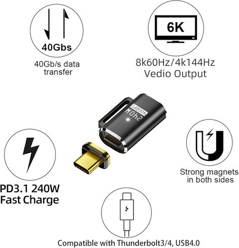 محول USB C مغناطيسي (I-Shape PD3.1 240W)، موصل USB4.0 من النوع C مع شحن PD ونقل بيانات بسرعة 40 جيجابت في الثانية، متوافق مع MacBook Pro/Air iPad Pro والمزيد من أجهزة USB C in Kuwait