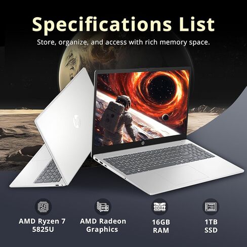 كمبيوتر محمول HP 15.6 بوصة FHD، AMD Ryzen 7 5825U، ذاكرة وصول عشوائي DDR4 سعة 16 جيجابايت، 1 تيرابايت SSD، رسومات AMD Radeon، لوحة مفاتيح رقمية، مساعد طيار، كاميرا عالية الدقة، Wi-Fi 6، Windows 11 Home، فضي (متجدد) in Kuwait