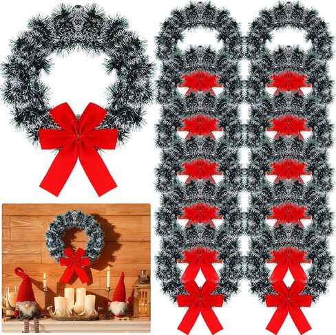 24 Pack 9.5 Inch Christmas Tinsel Wreath with Red Velvet Bow Cabinet Bows Chair Wreaths for Windows Kitchen Home Decoration Holiday Crafting in Saudi Arabia